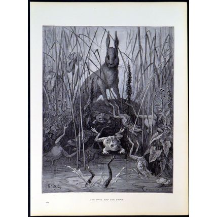 HARE AND THE FROGS 1885 Gustave Doré - Jean de La Fontaine ANTIQUE ENGRAVING