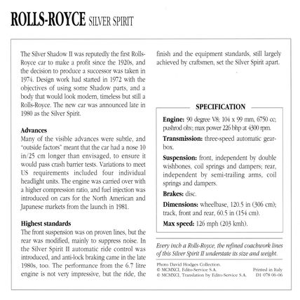 Collectors Club card. Classic Cars. Rolls Royce Silver Spirit