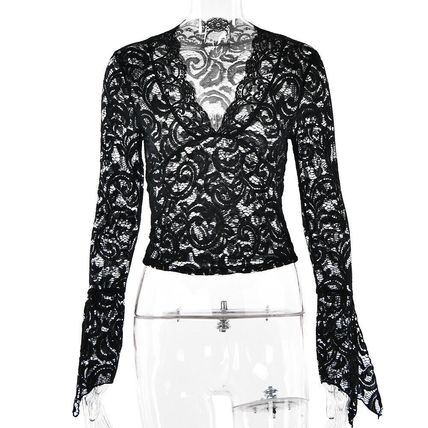 Slim Fit Tops Crop Lace See Through Deep V Neck Women's Tops Flare Sleeve