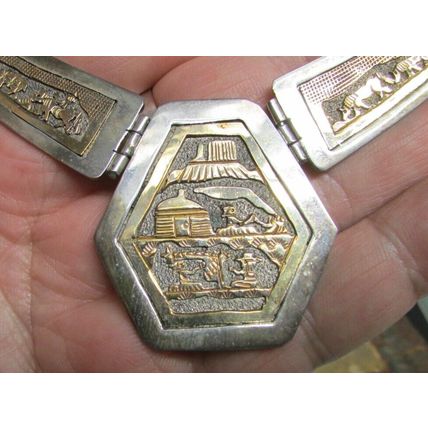Vintage Signed Navajo 12K & Sterling Silver Storyteller Hinged Necklace 39.0 gr