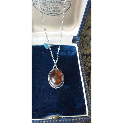 Antique Vintage 1940-s 925 Sterling Silver Natural Amber Pendant & 18 Inch Chain