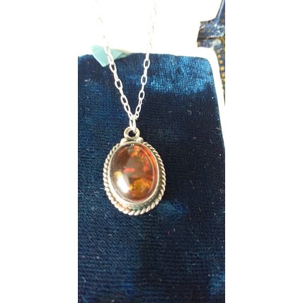 Antique Vintage 1940-s 925 Sterling Silver Natural Amber Pendant & 18 Inch Chain