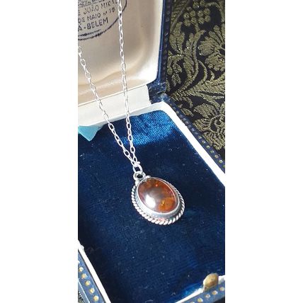 Antique Vintage 1940-s 925 Sterling Silver Natural Amber Pendant & 18 Inch Chain