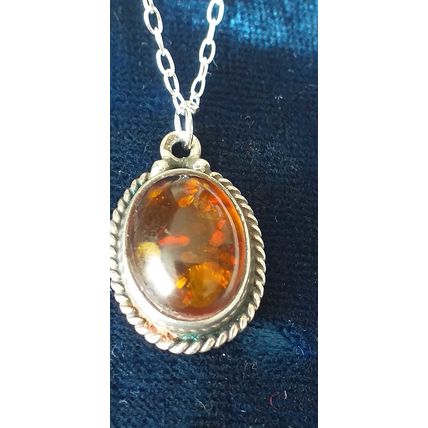 Antique Vintage 1940-s 925 Sterling Silver Natural Amber Pendant & 18 Inch Chain