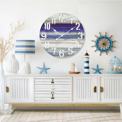 MODE HOME Beach Blue 24 Inch Large Wall Clock, Rustic Vintage Beach Wall Decor C