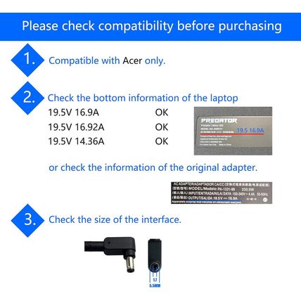 330W Ac Adapter 19.5V 16.92A Replacement A20-330P1A Compatible with Acer Predato