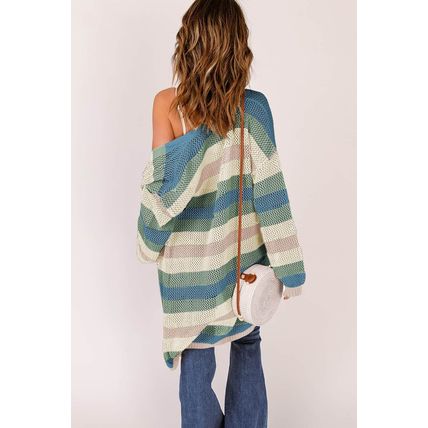 Green Striped Color Block Hollowed Knit Cardigan