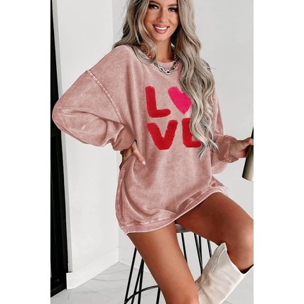 Pink Valentines LOVE Chenille Embroidered Corded Sweatshirt