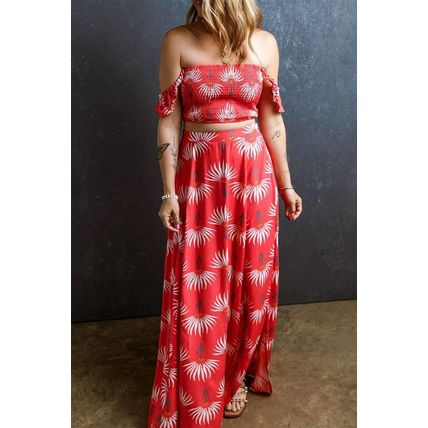 Red Floral Shirred Off Shoulder Crop Top and Slit Maxi Skirt Set