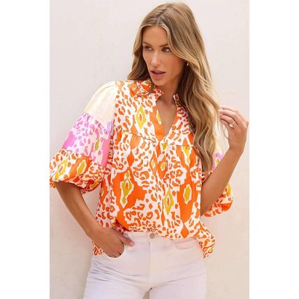Orange Leopard Colorblock Puff Sleeve Split Neck Blouse
