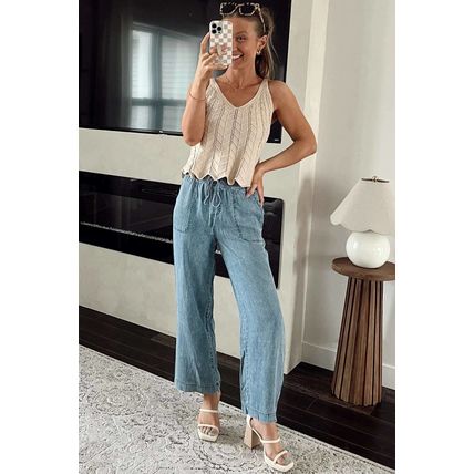 Myosotis Mineral Wash Drawstring Waist Loose Straight Denim Pants