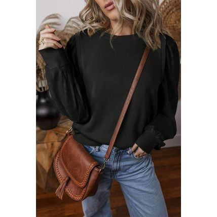 Black Textured Patchwork Round Neck Sweatshirt