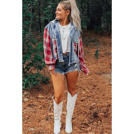 Beau Blue Plaid Print Patchwork Hooded Raw Hem Denim Jacket