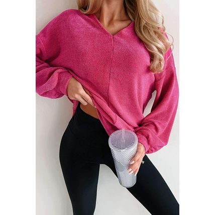 Rose Red Textured Long Sleeve V Neck Top