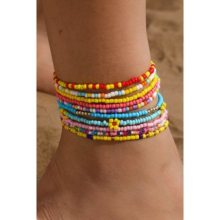 Yellow Flower Random Color Multi Layered Beaded Anklet Set