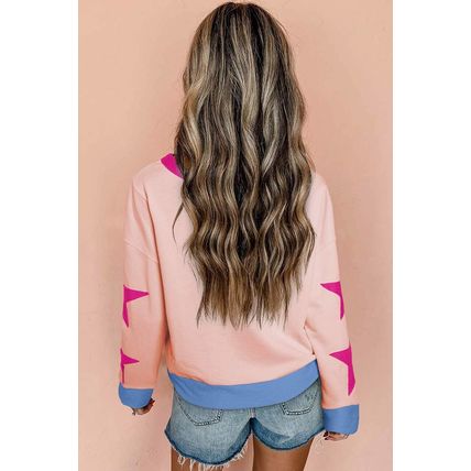 Light Pink Star Patchwork Exposed Seam Oversized Sweatshirt