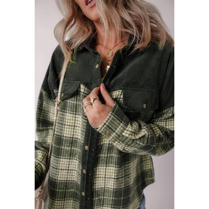 Blackish Green Snap Buttons Colorblock Plaid Shacket