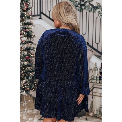 Navy Blue Plus Size Textured Velvet Tiered Button V Neck Dress