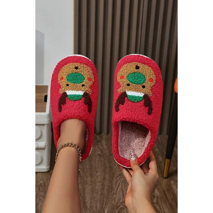 Fiery Red Christmas Reindeer Pattern Thick Sole Plush Slippers