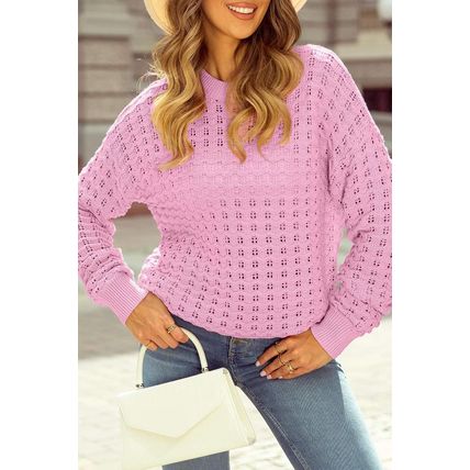 Pink Crochet Knit Drop Shoulder Sweater