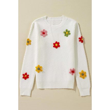 White Colorful Flower Applique Textured Knit Sweater