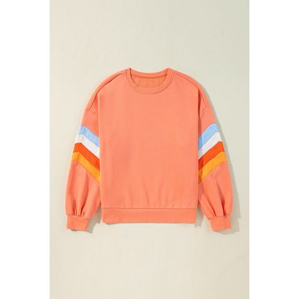 Flamingo Rainbow Striped Sleeve Crew Neck Loose Sweatshirt