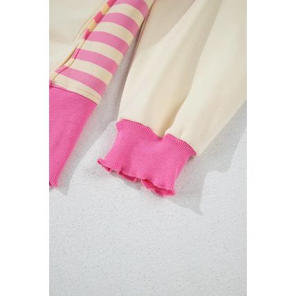 Pink Stripe Colorblock Patchwork Collared French Terry Knit Top