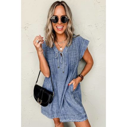 Beau Blue Tie V Neck Tucking Detail Short Sleeve Denim Shift Dress