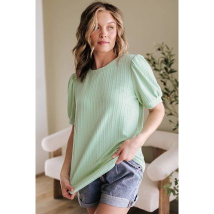 Mist Green Textured Round Neck Short Puff Sleeve Top