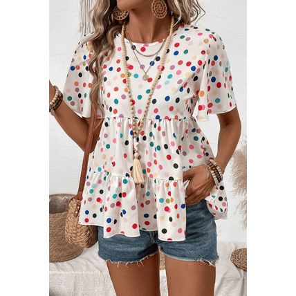 White Colorful Polka Dot Short Sleeve Tiered Ruffled Babydoll Blouse