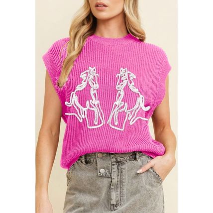 Bright Pink Western Horse Embroidered Round Neck Sweater Tee