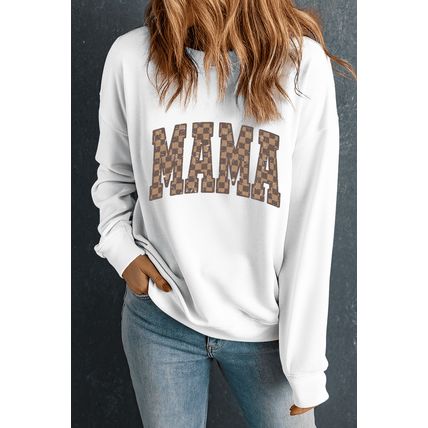 White Checkerboard MAMA Graphic Drop Shoulder Sweatshirt