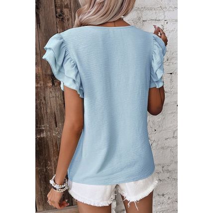 Mist Blue Solid Color Ruffled Short Sleeve Casual Blouse