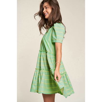Green Stripe V Neck Short Sleeve Frilled Detail A-line Dress