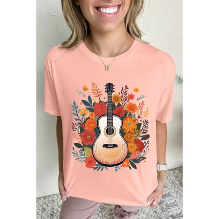 Pink Guitar Flower Print Crew Neck Loose T Shirt
