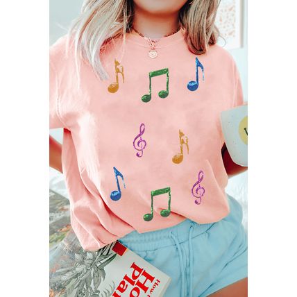 Pink Music Notes Patched Graphic Casual T Shirt