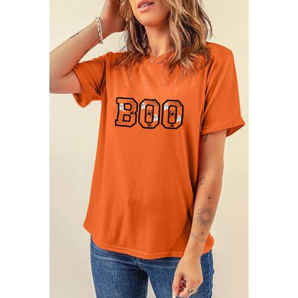 Orange BOO Halloween Ghost Spider Embroidered Graphic Tee