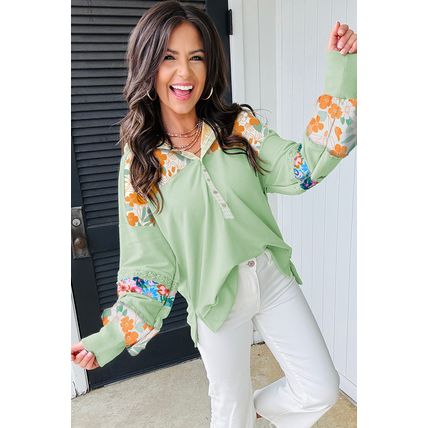 Clearly Aqua Lace Floral Patchwork Half Button Hooded Pullover