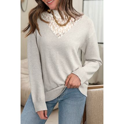 Light Grey Button Keyhole Lace Patchwork Drop Shoulder Sweater