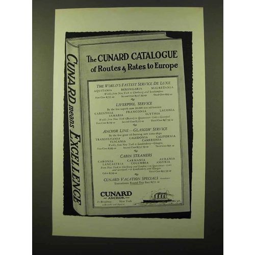 1925 Cunard Cruise Ad .. Routes & Rates to Europe