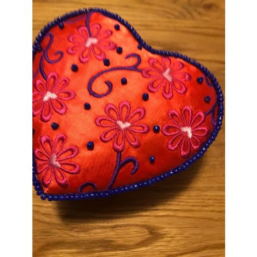Heart Embroidery and Beaded Trinket Box Covered in Red Satin Fabric