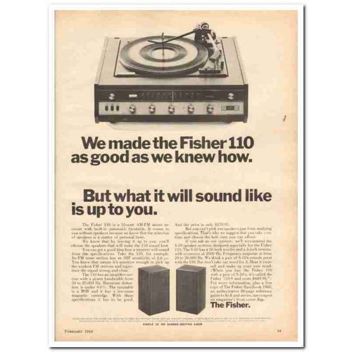FISHER RADIO CORP 1968 110 AM FM Reciever Turntable stereo vintage ad