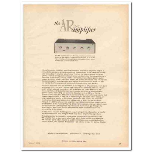ACOUSTIC RESEARCH INC 1968 AR Amplifier power output stereo vintage ad