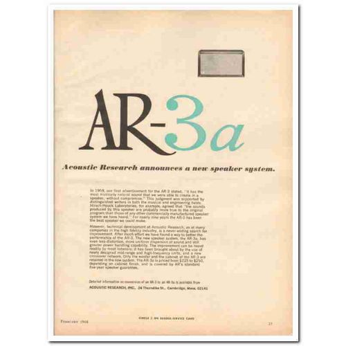 ACOUSTIC RESEARCH INC 1968 AR-3a speaker system stereo vintage ad