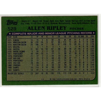 1982 Topps baseball card 529 Allen Ripley- Giants