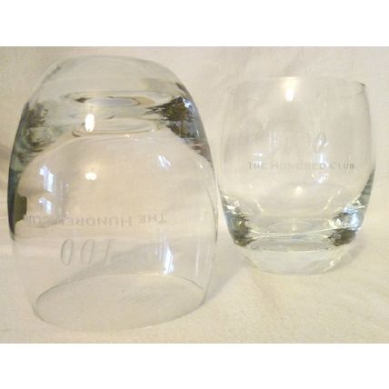 RARE PAIR OF 2 100 THE HUNDRED CLUB ETCHED ROUNDED WHISKEY GLASS TUMBLER