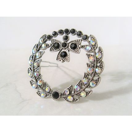 Silver metal round leaf black crystal hair clip clamp barrette snap clip