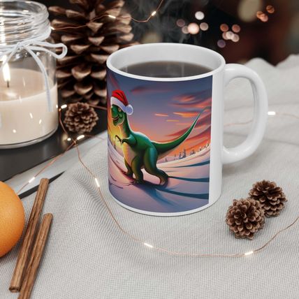 Dinosaur Raptor Rocks Christmas Santa Red Hat Ceramic Mug 11oz Design #2 Mirrore