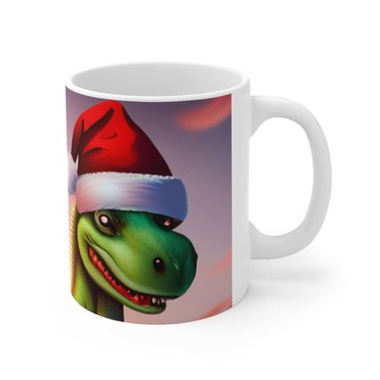 Dinosaur Raptor Rocks Christmas Santa Red Hat Ceramic Mug 11oz Design #2 Mirrore