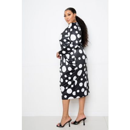 Polka Dot Drop Waist Ruched Midi Dress